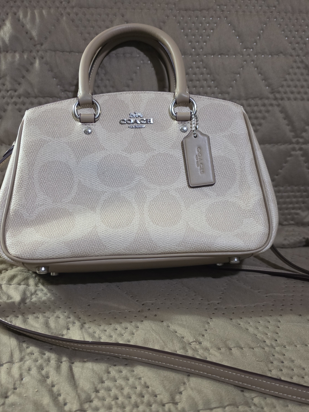 Coach Pebbled Leather Logo Satchel in Light Beige - Picture 2 of 10